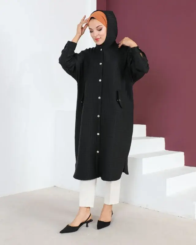 Long hooded coat, worn by a model 1.2